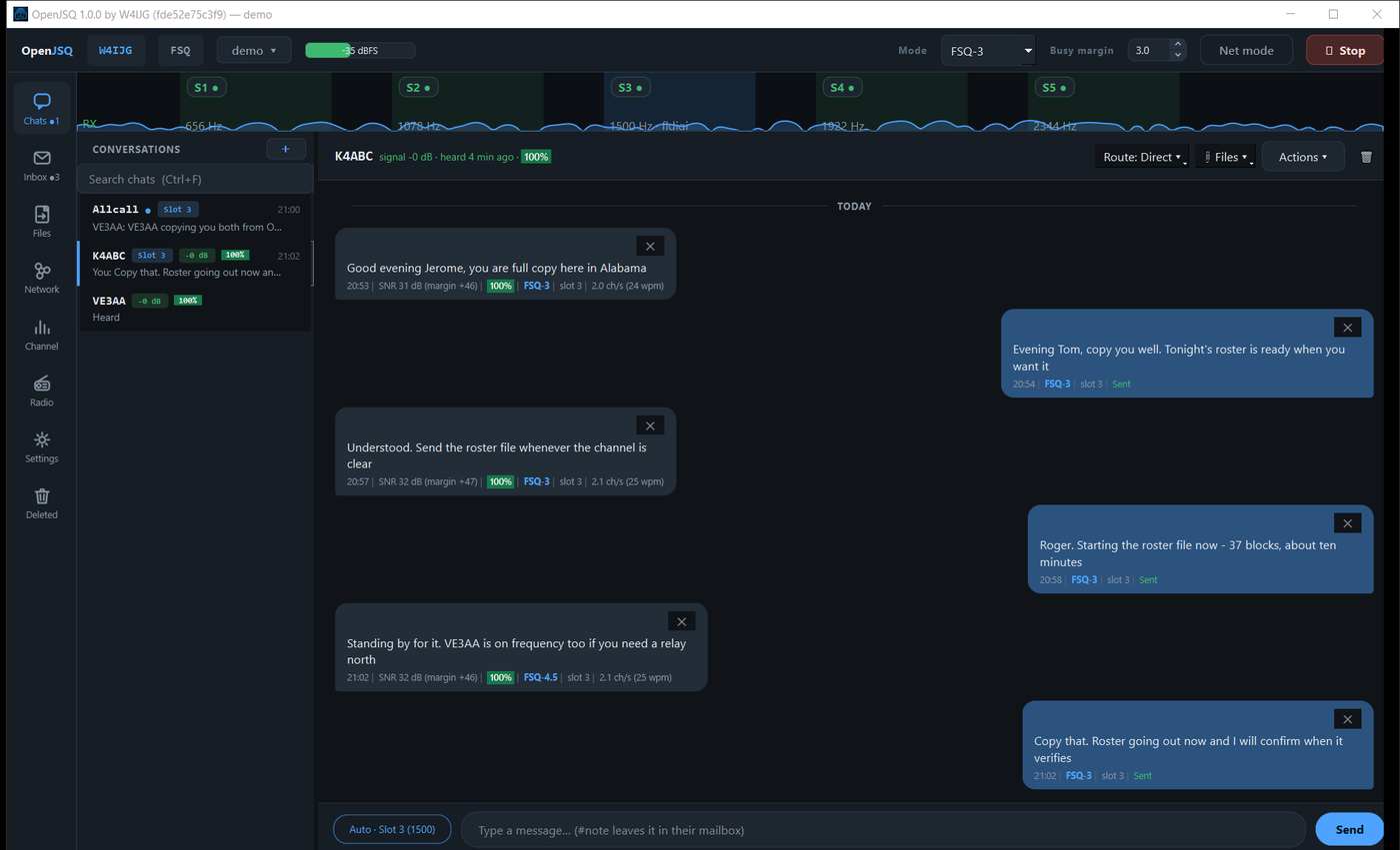 The OpenJSQ Chats page, with callsign conversations at left and an FSQ exchange at right: incoming messages carrying signal, link quality and modem, and outgoing messages marked Sent.